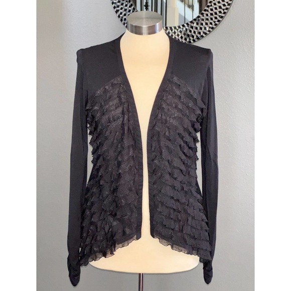 Saks Fifth Avenue Womens S Ruffled Open Front Cardigan Black Ruched Sleeves - Picture 1 of 12